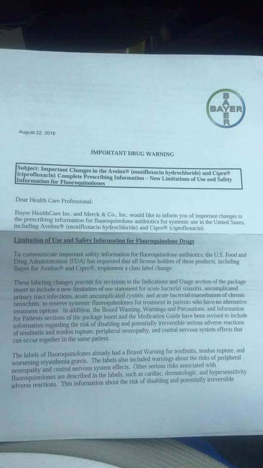 Letter from Bayer to Doctors Regarding Cipro and Avelox