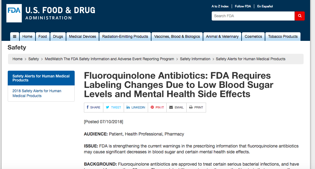 Fluoroquinolone Warning Labels Updated to Include Low Blood Sugar Levels and Mental Health Side Effects