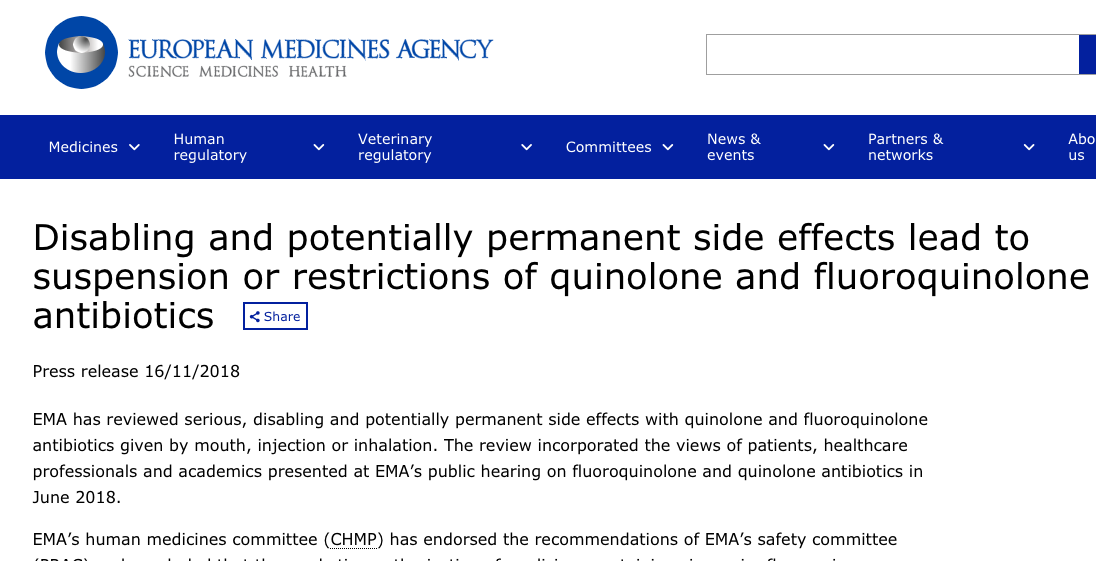 EMA Committee Recommends Restricting Fluoroquinolones