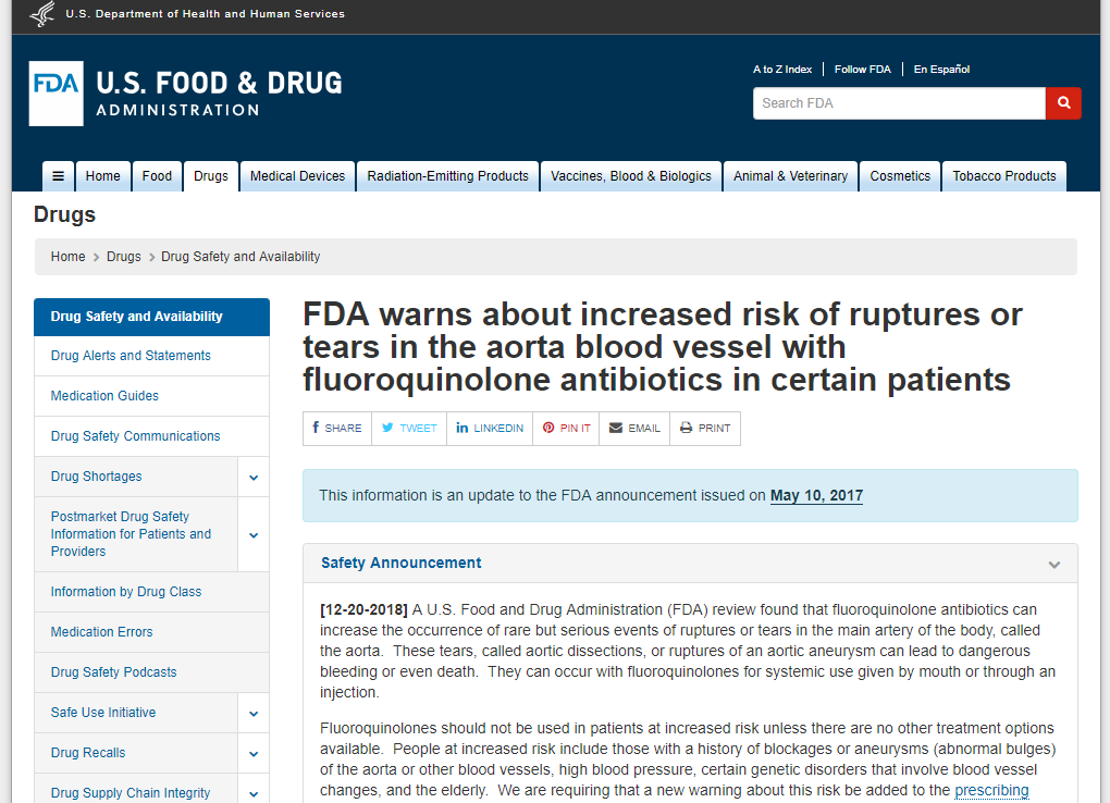 FDA Warns About Increased Risk of Aortic Aneurysm and Dissection with Fluoroquinolone Antibiotics